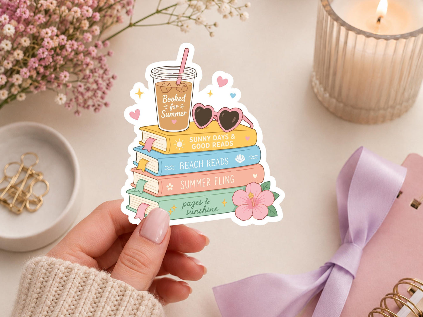 Booked For Summer Iced Coffee & Book Stack Sticker