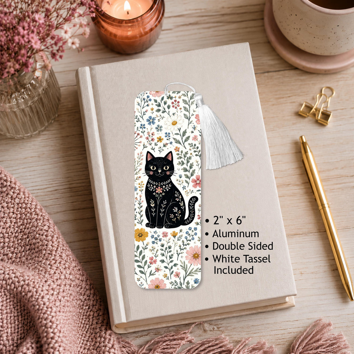 Floral Black Cat Aluminum Bookmark