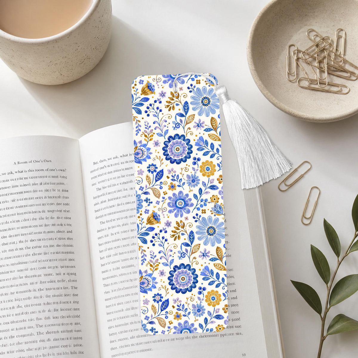 Blue And Gold Floral Aluminum Bookmark