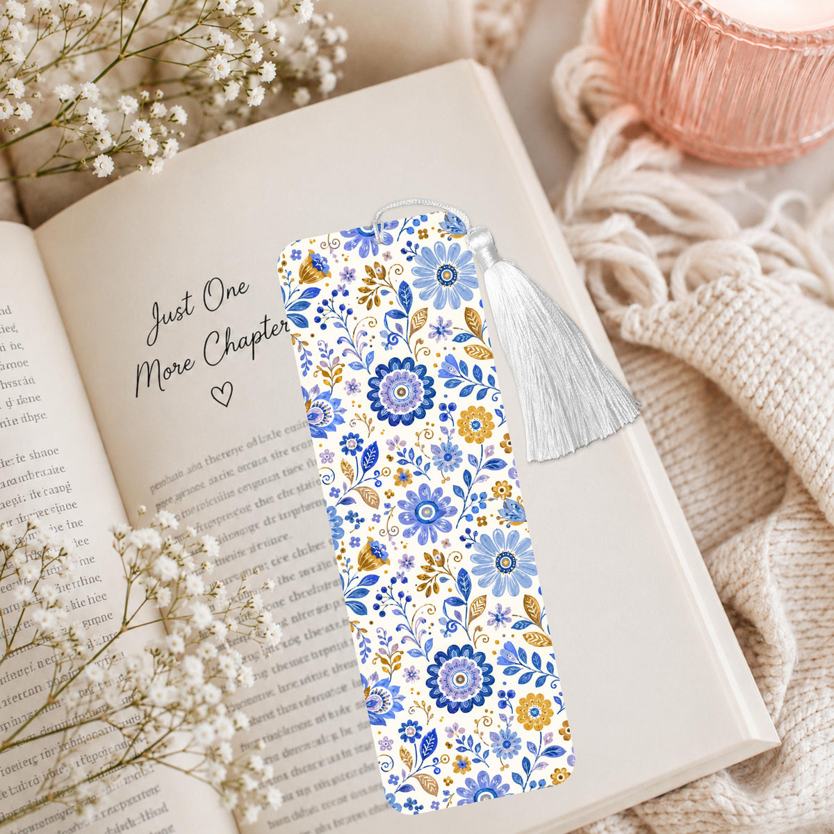 Blue And Gold Floral Aluminum Bookmark