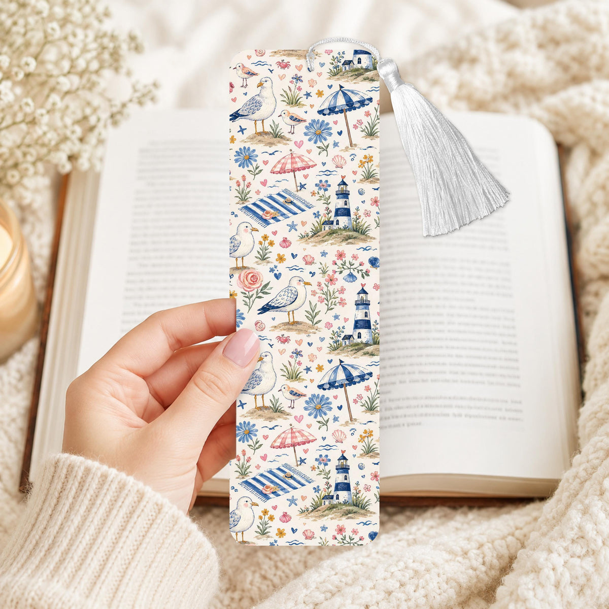 Blue Seagul And Lighthouse Aluminum Bookmark