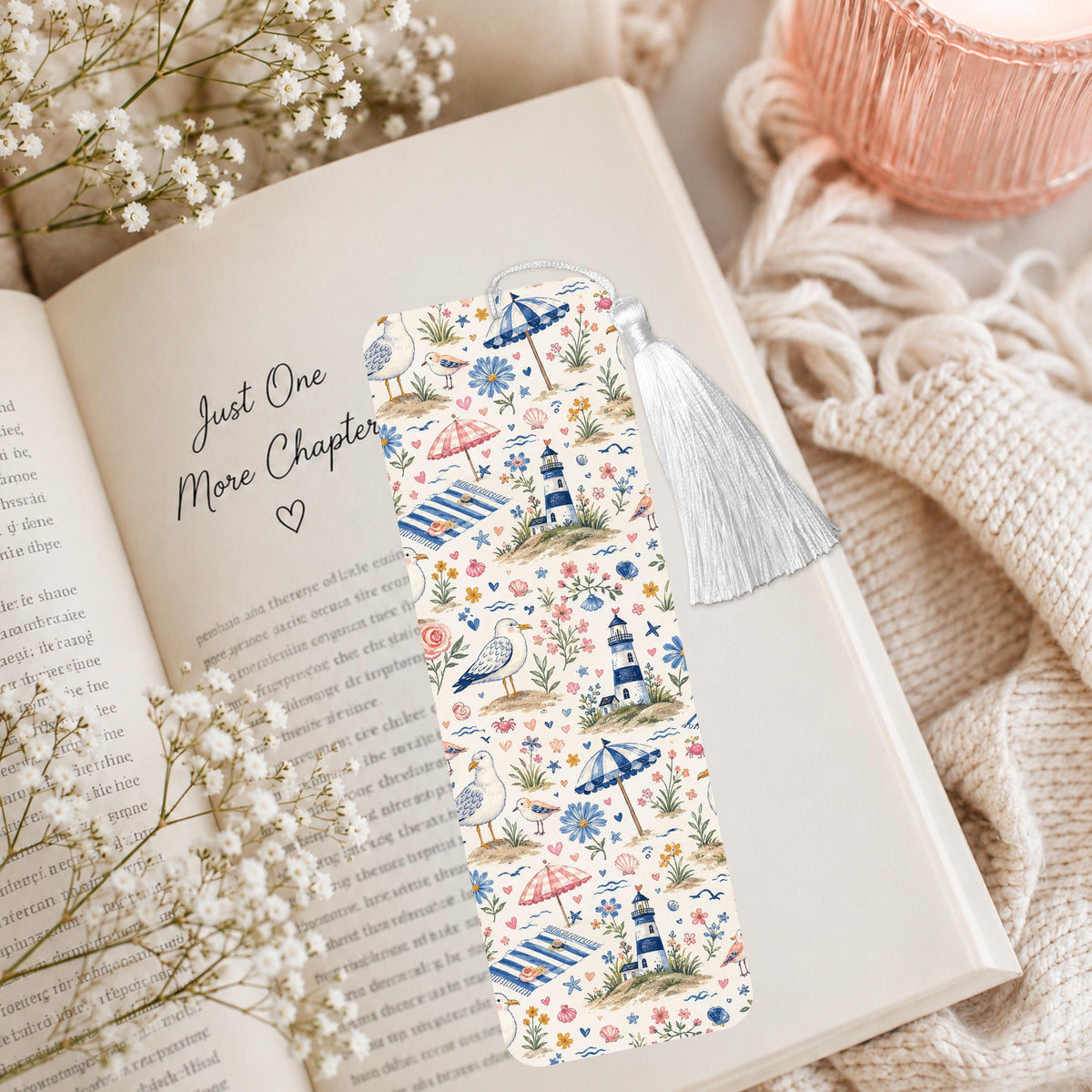 Blue Seagul And Lighthouse Aluminum Bookmark