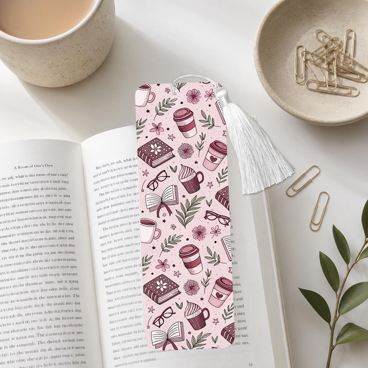 Mauve Coffee And Books Aluminum Bookmark