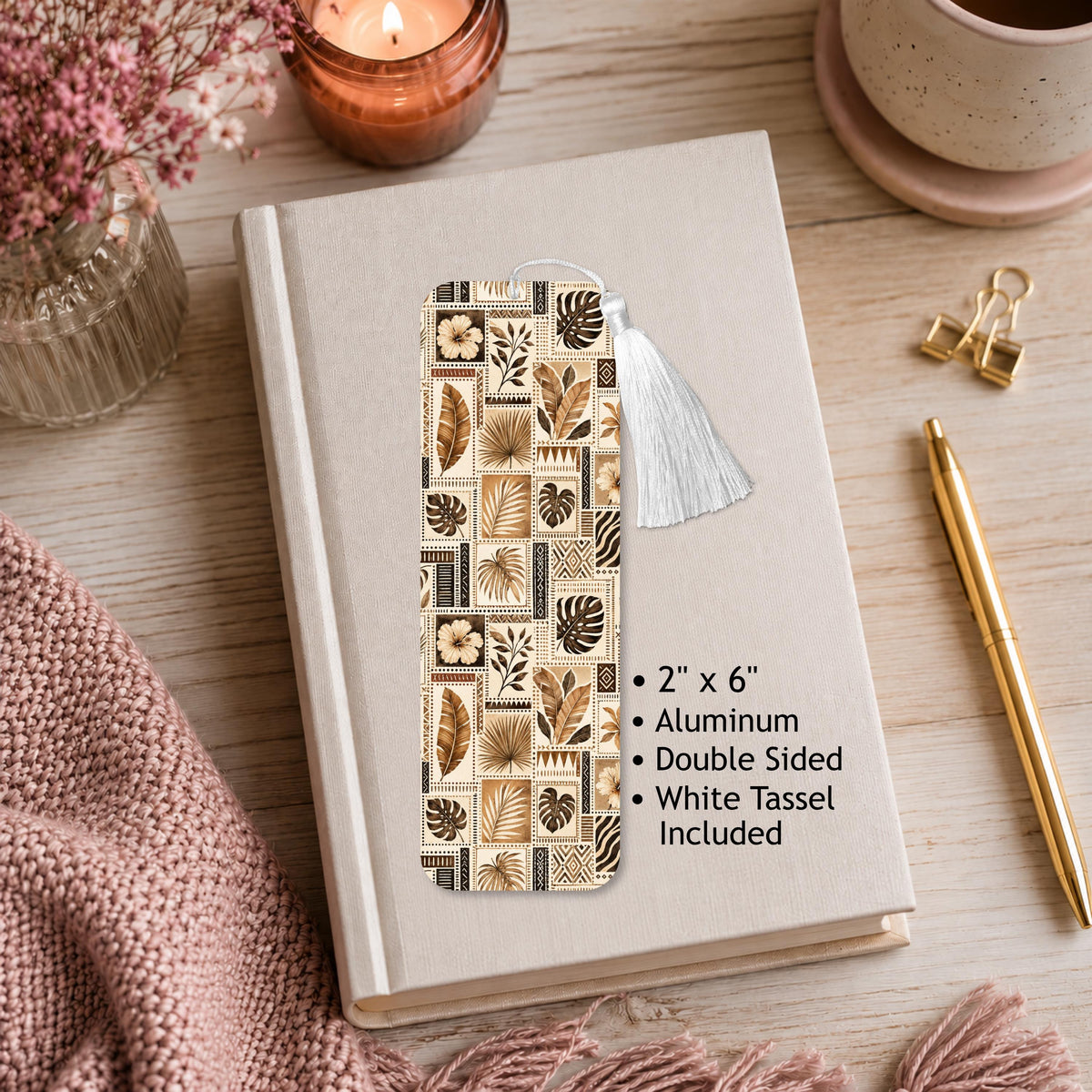Boho Leaf And Feather Aluminum Bookmark