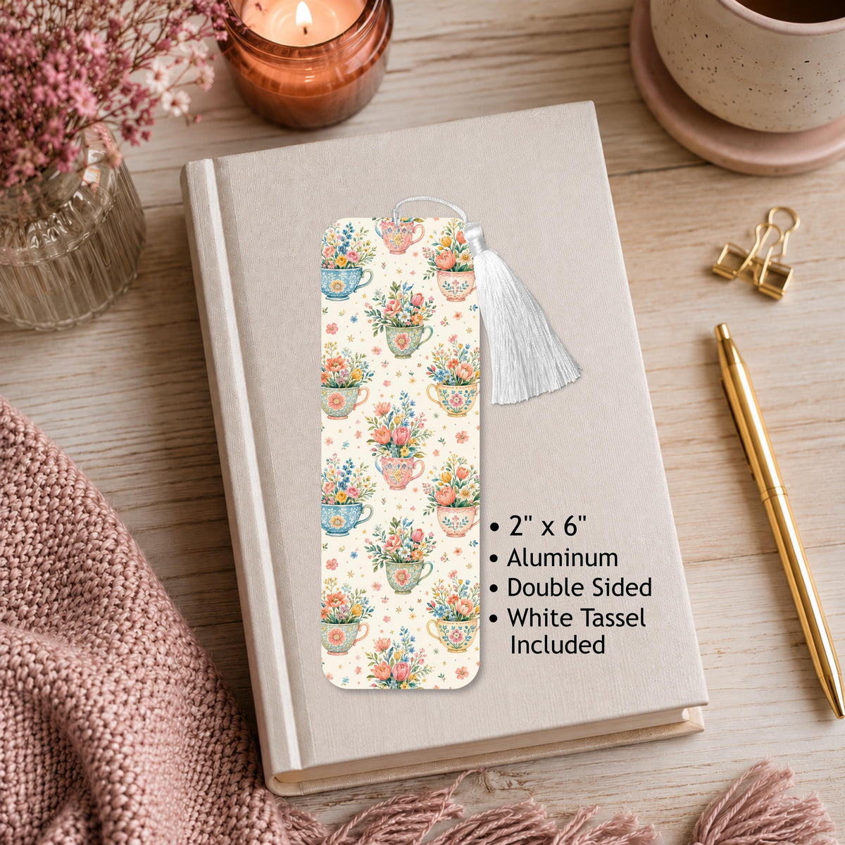 Boho Teacup And Flowers Aluminum Bookmark