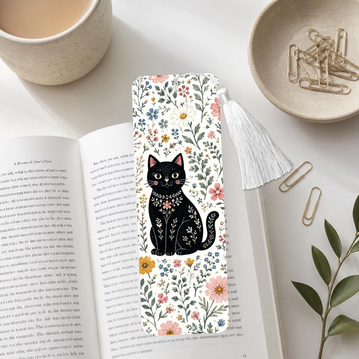 Floral Black Cat Aluminum Bookmark