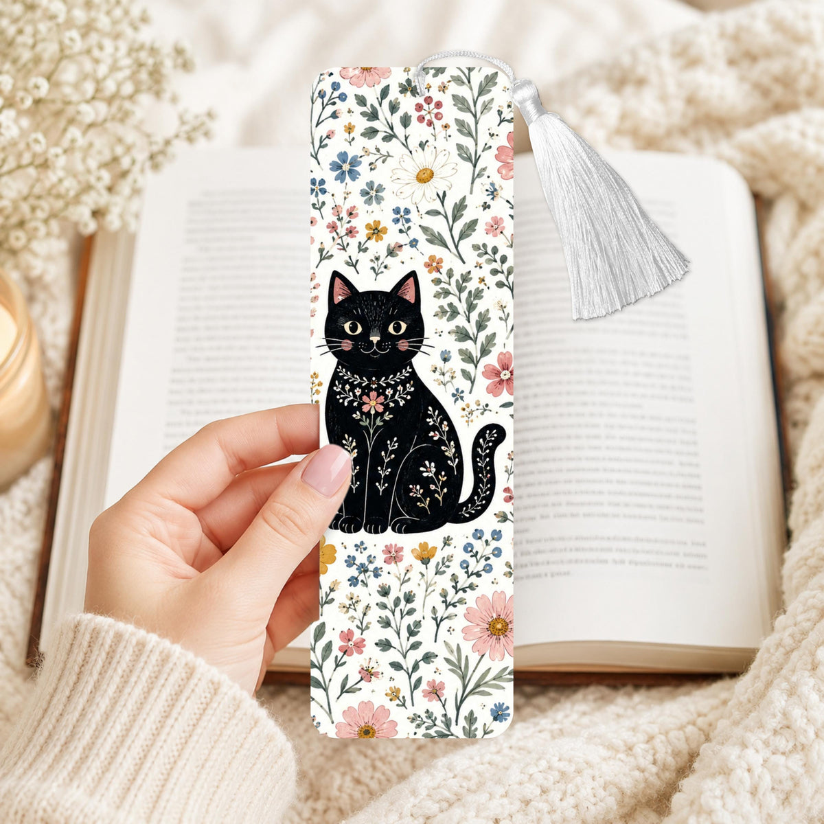 Floral Black Cat Aluminum Bookmark