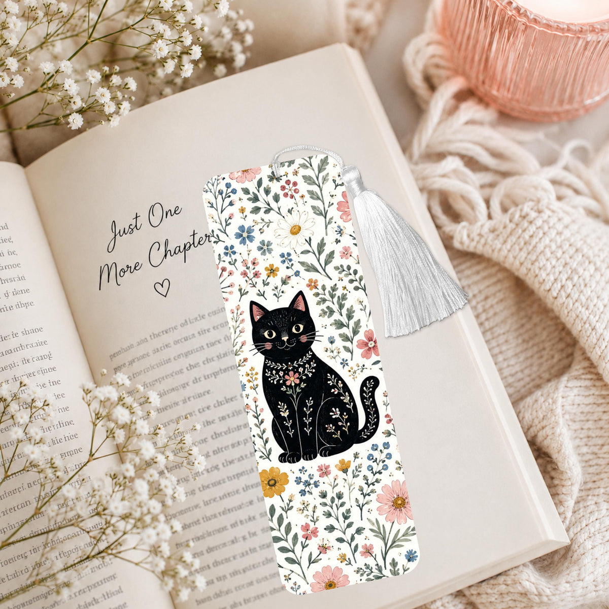 Floral Black Cat Aluminum Bookmark