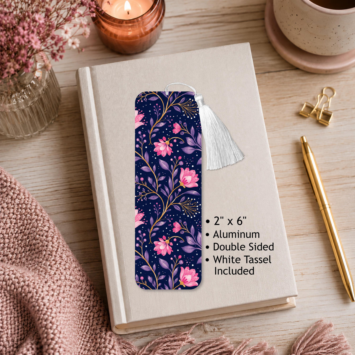 Purple And Pink Floral Aluminum Bookmark