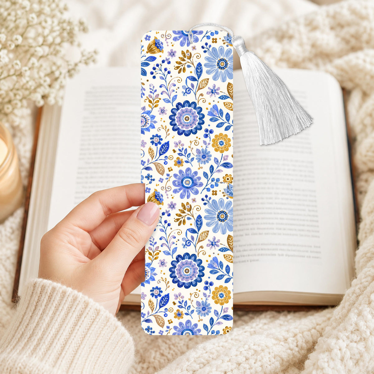 Blue And Gold Floral Aluminum Bookmark
