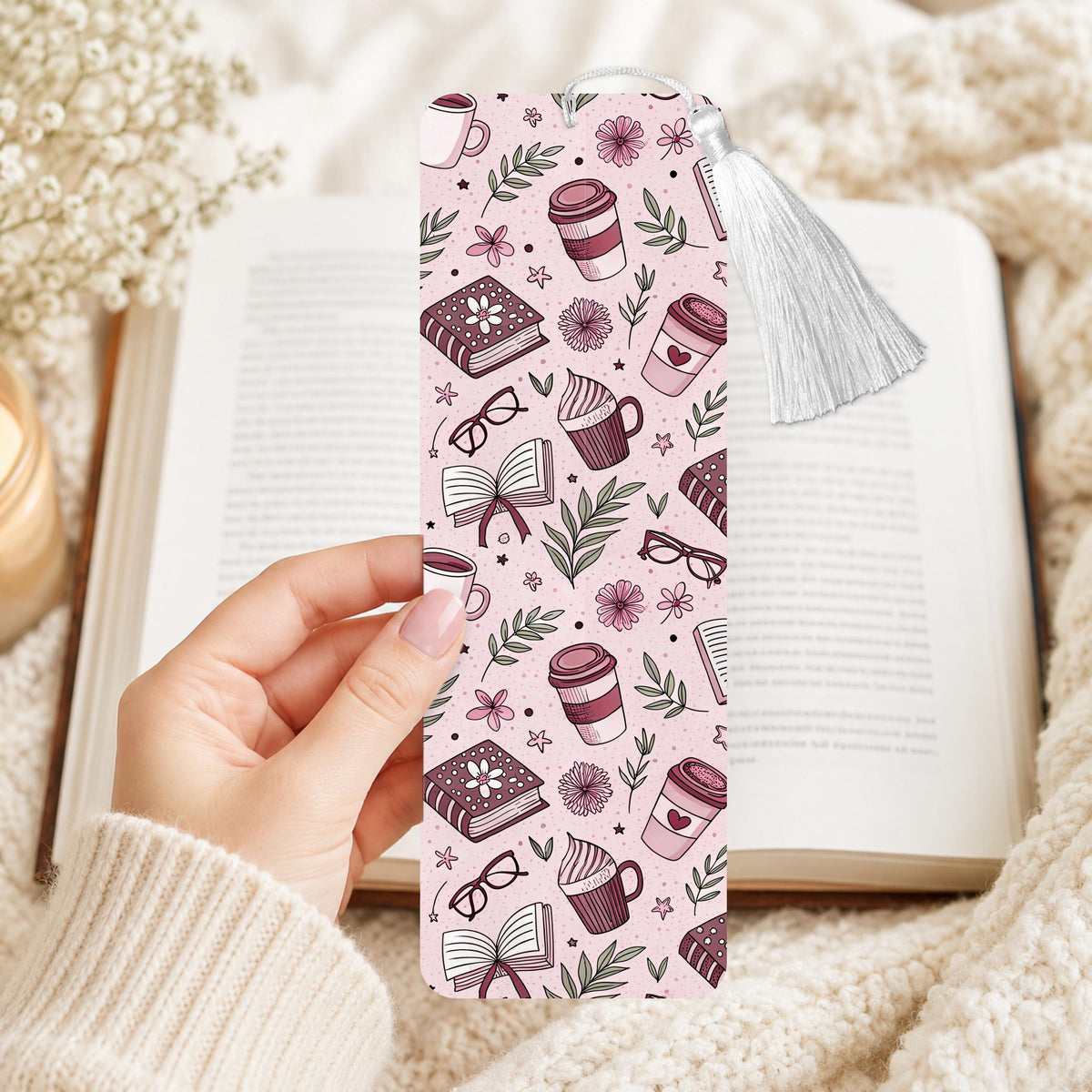 Mauve Coffee And Books Aluminum Bookmark