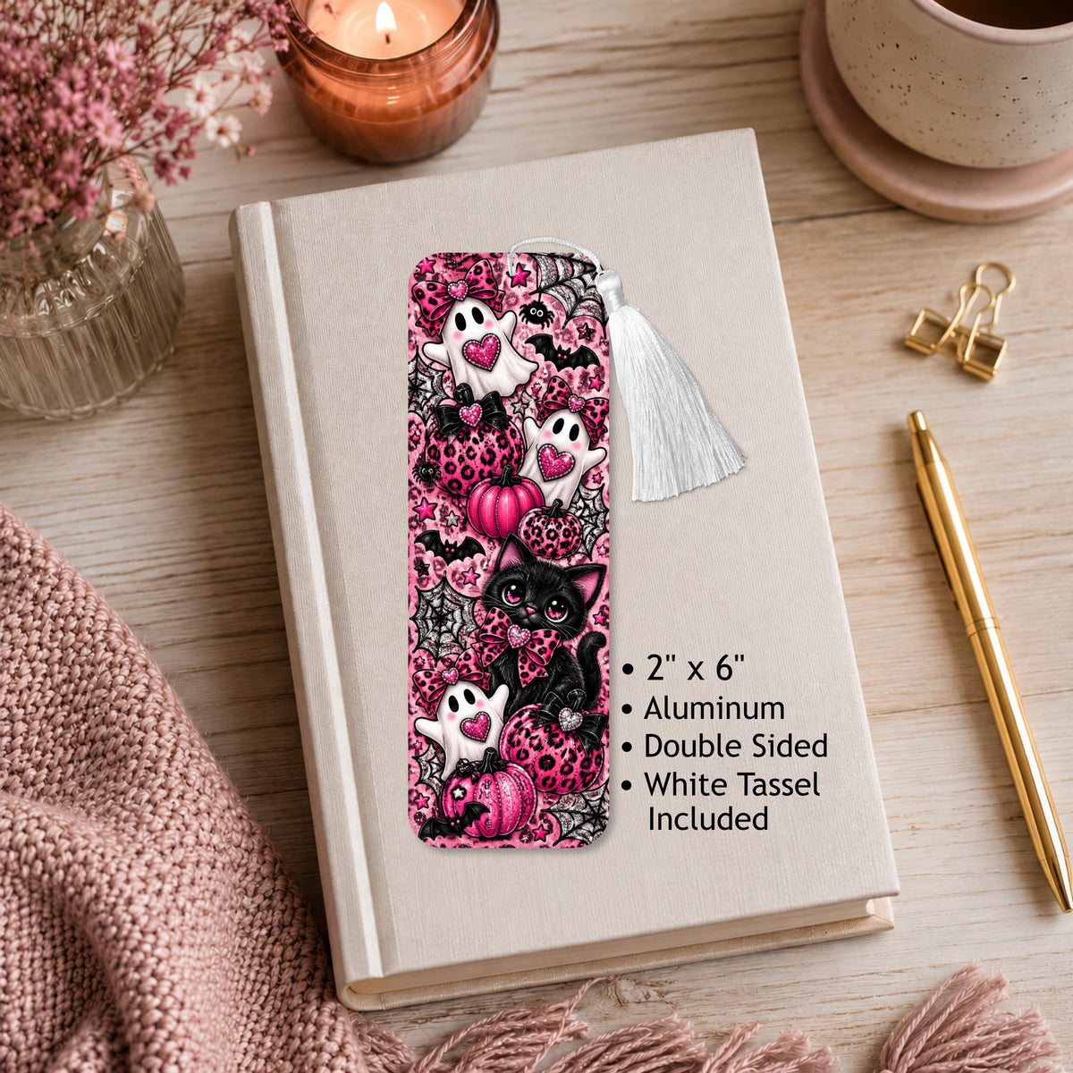 Pink Halloween Ghost And Cat Aluminum Bookmark