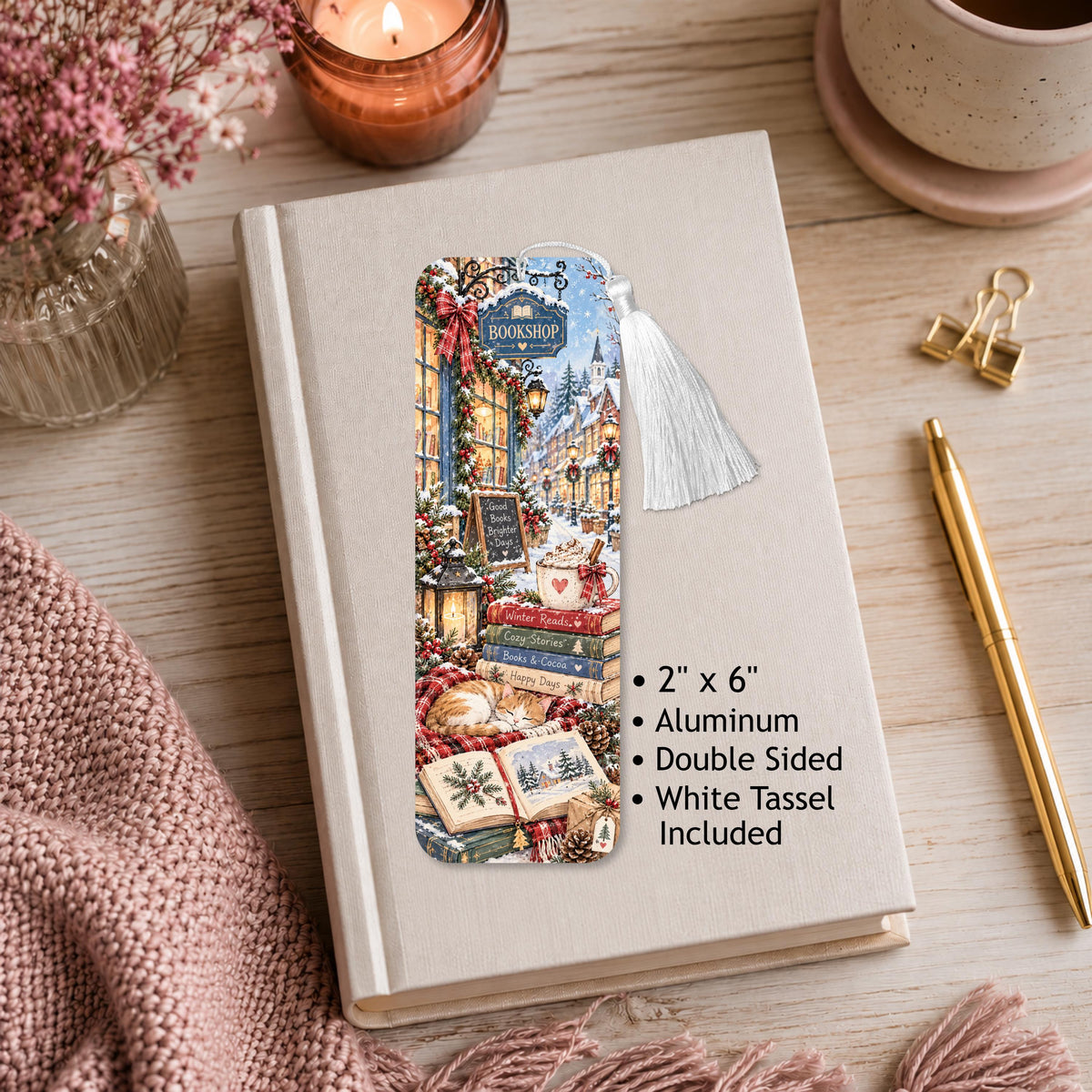Cozy Winter Bookshop Aluminum Bookmark