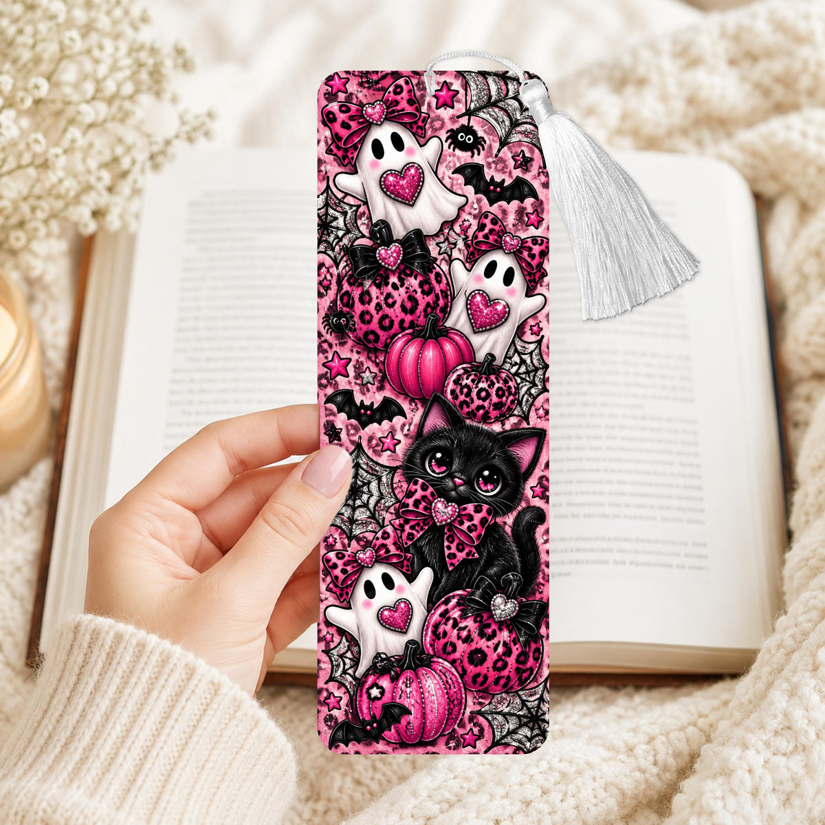 Pink Halloween Ghost And Cat Aluminum Bookmark