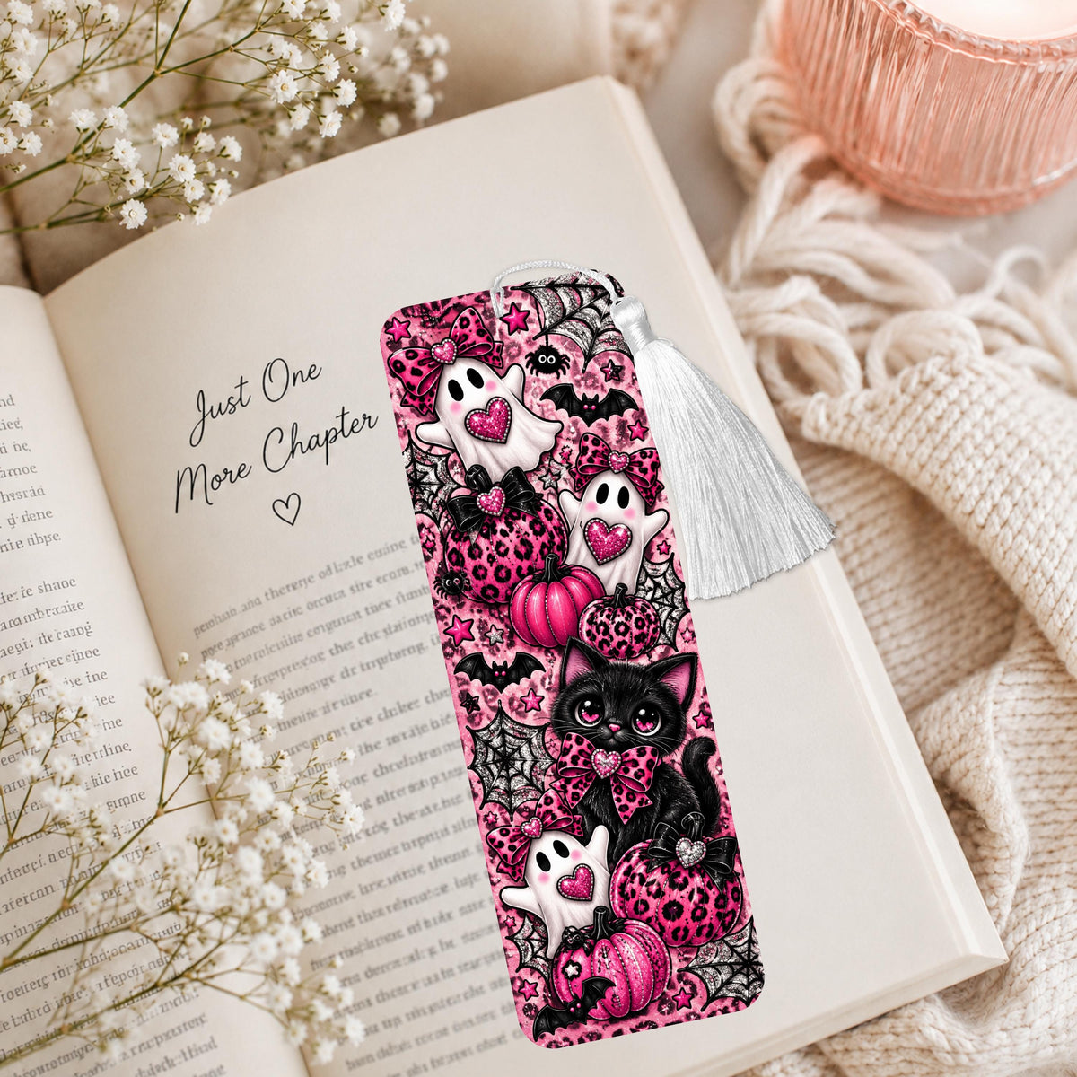 Pink Halloween Ghost And Cat Aluminum Bookmark
