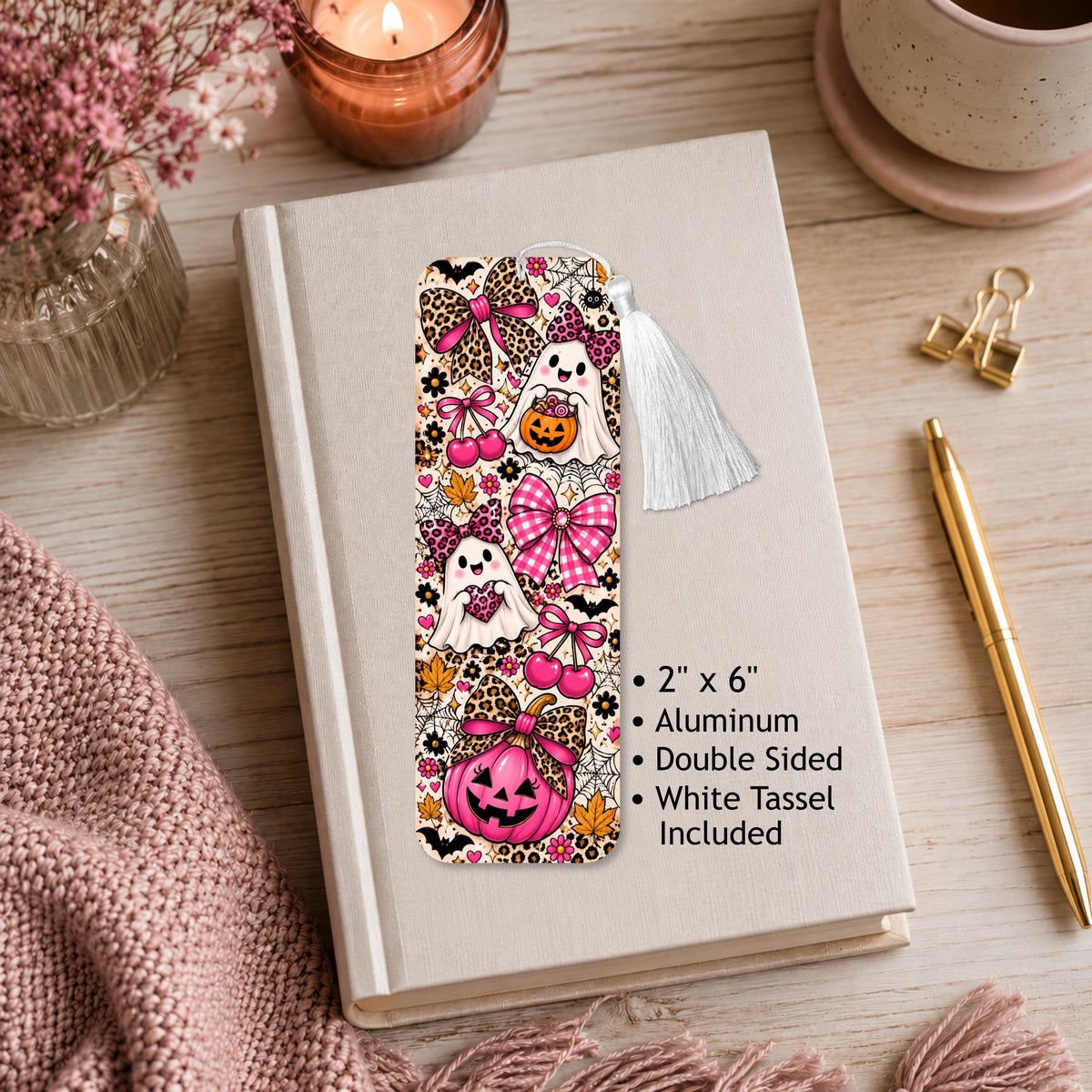 Pink Leopard Halloween Ghost Aluminum Bookmark