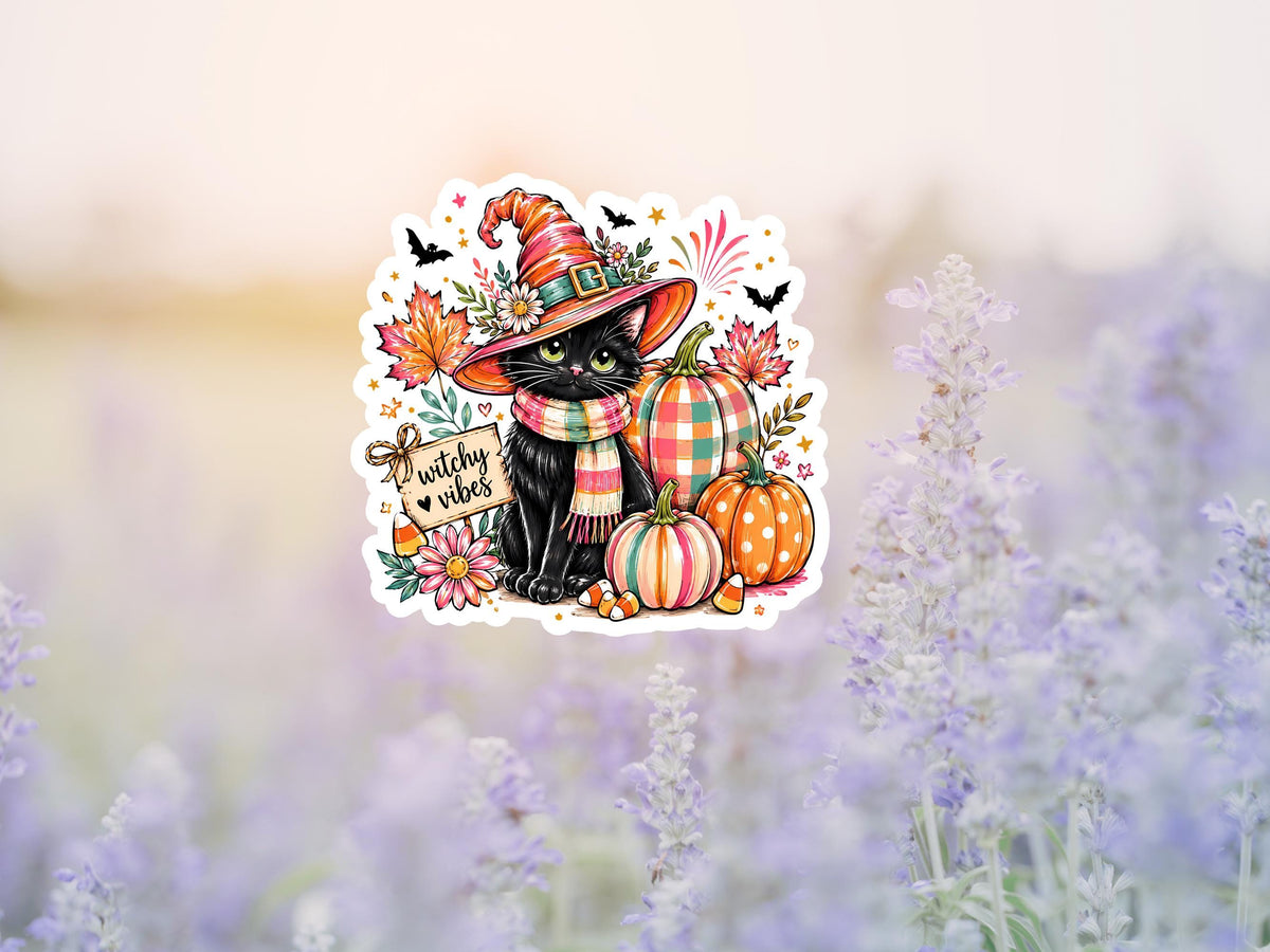 Witchy Vibes Black Cat and Pumpkins Sticker