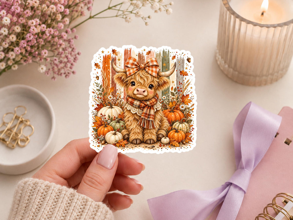 Fall Highland Cow With Bow And Scarf Sticker