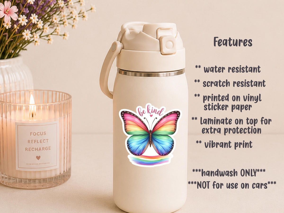 Be Kind Watercolor Rainbow Butterfly Sticker