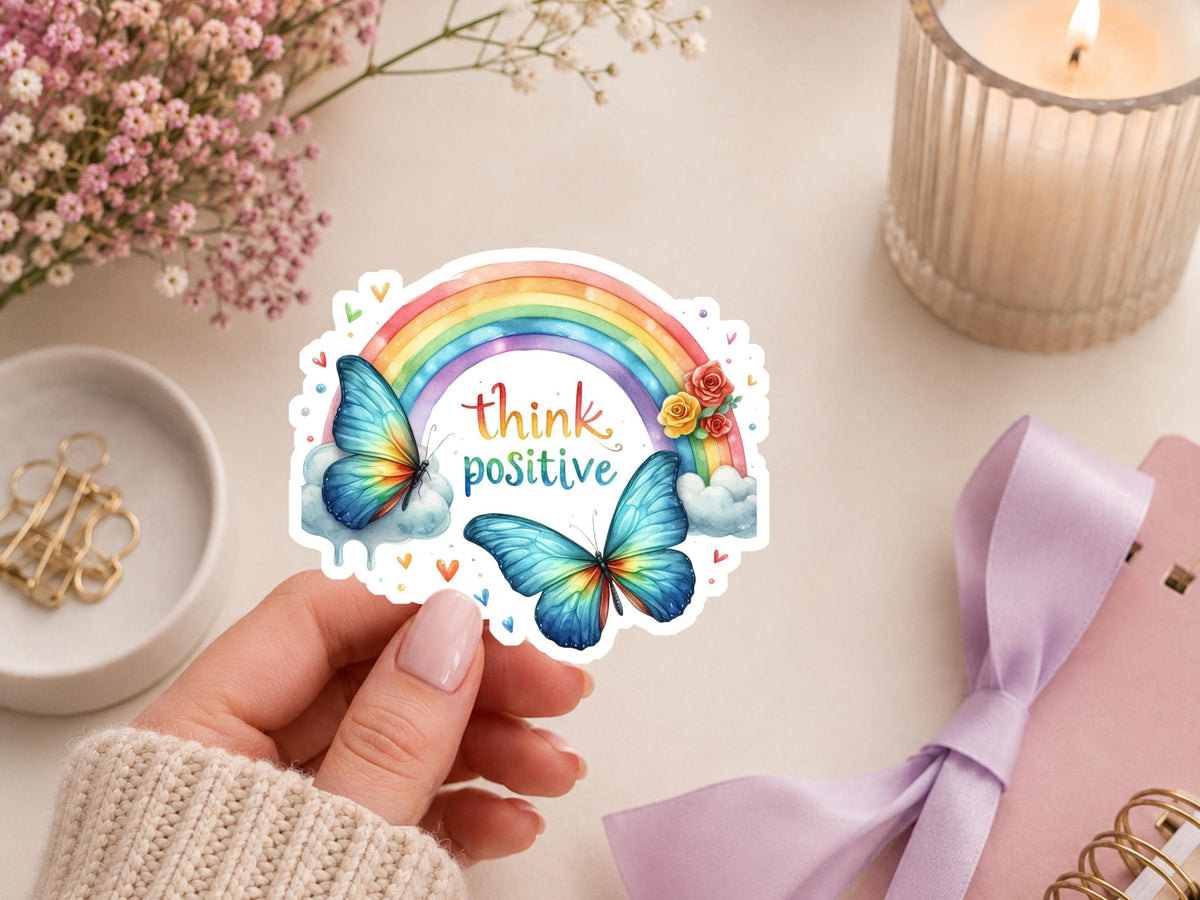 Think Positive Watercolor Rainbow and Butterfly Sticker