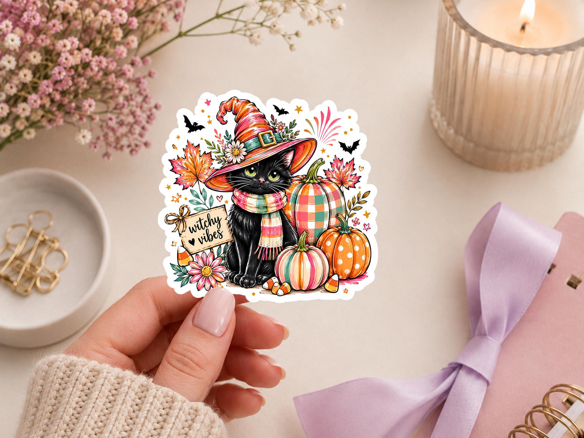Witchy Vibes Black Cat and Pumpkins Sticker