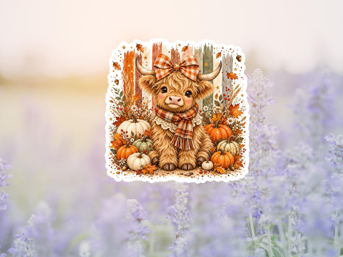 Fall Highland Cow With Bow And Scarf Sticker